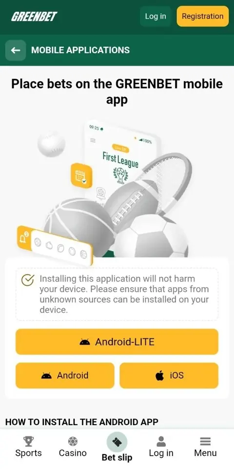 Greenbet mobile app page with Android and iOS download buttons