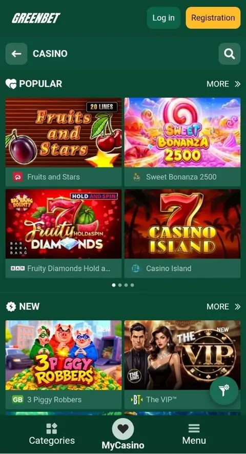 Greenbet casino lobby in the mobile app