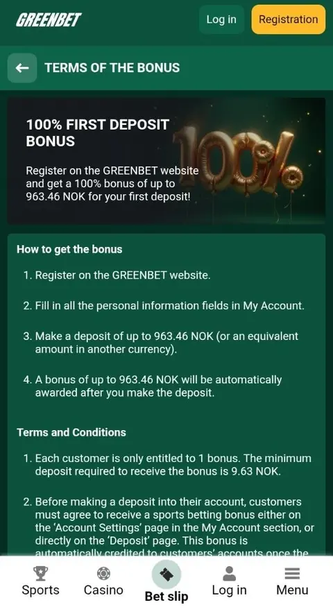 Greenbet first deposit bonus page on a mobile phone