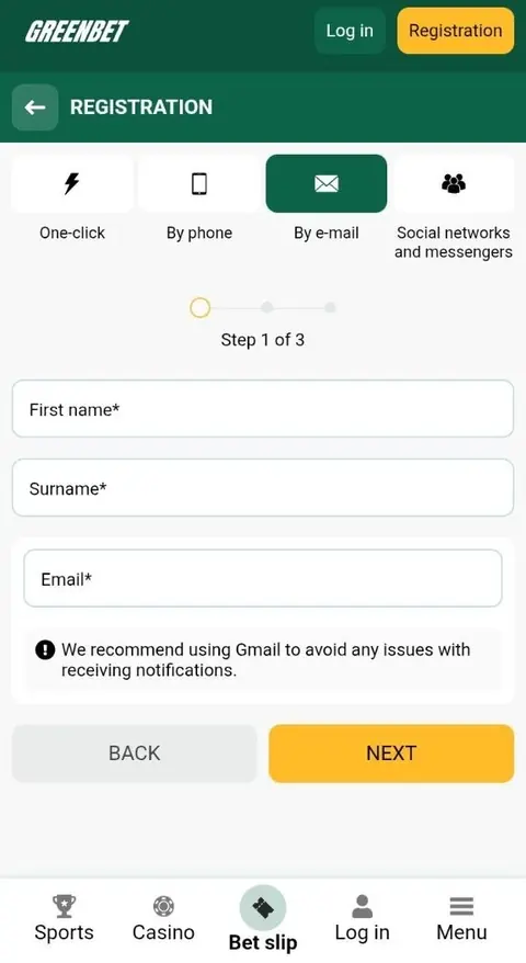 Greenbet email registration step 1 of 3
