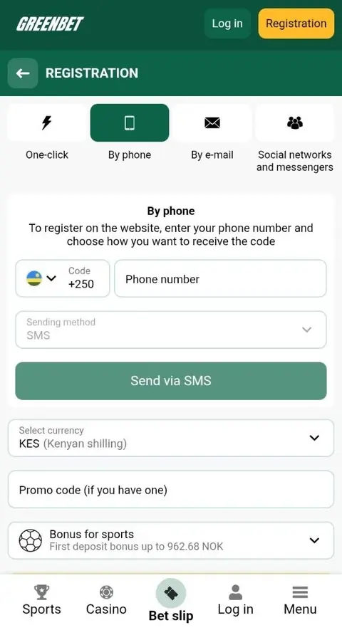 Greenbet By phone registration form with the +254 country code