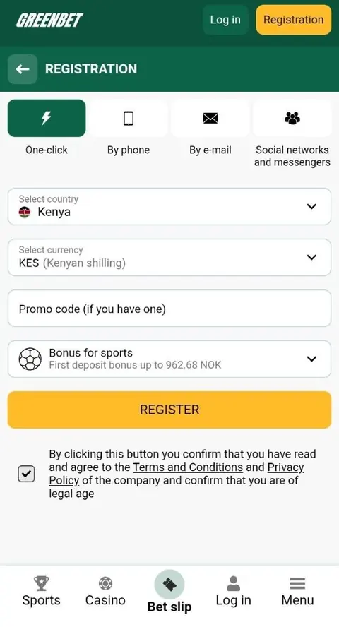 Greenbet one-click registration with Kenya and KES