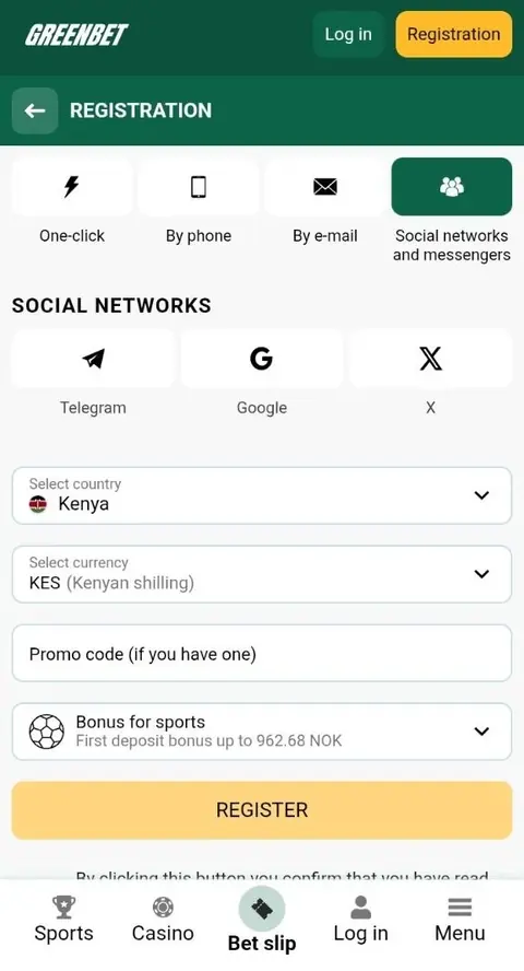 Greenbet social networks registration tab