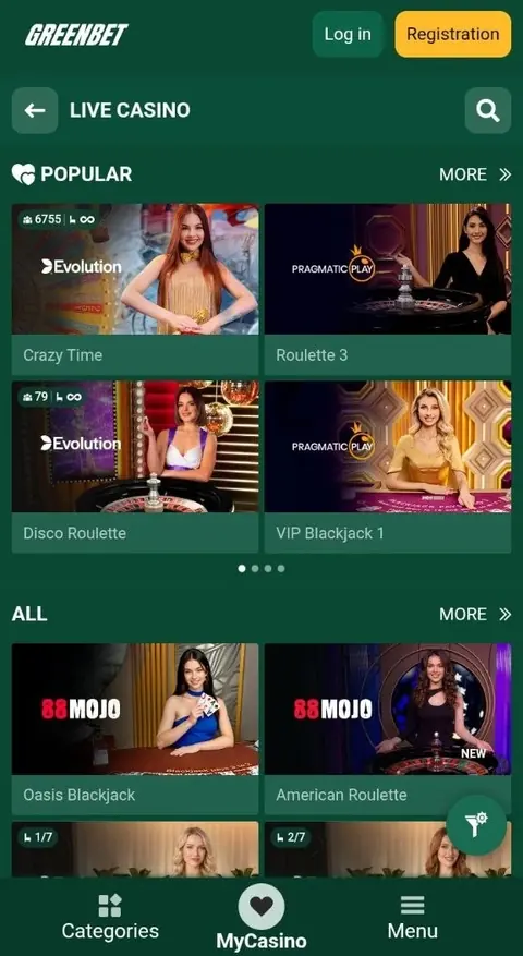 Greenbet live casino tables on a phone