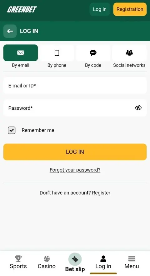 Greenbet By email login form with the E-mail or ID field