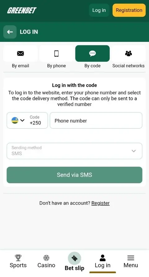Greenbet By code login tab with the Send via SMS button
