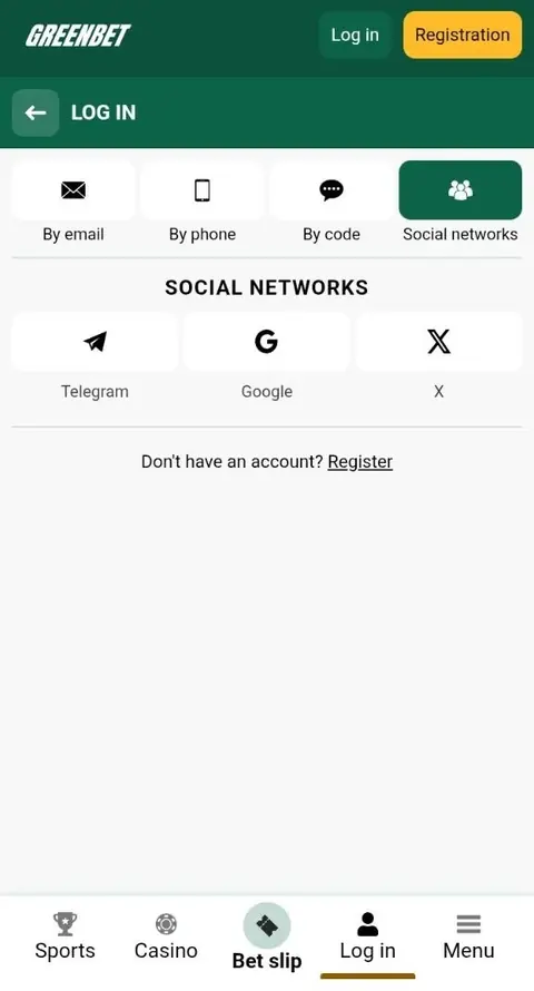 Greenbet social networks login tab with Telegram, Google and X